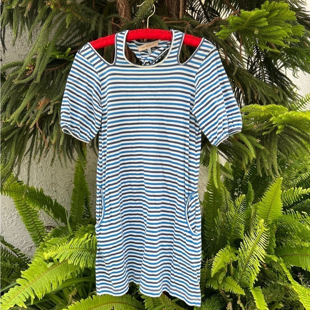 See by Chloé Blue & White Stripes Cotton Peep-Shoulder Racerback Dress | Small